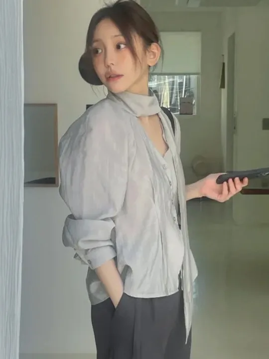 E Csa de Manga Larga para Mujer, Blusa Moderna con Cinturón, Estilo Casual de Negocios, Alta Calidad, Primavera, Ot...