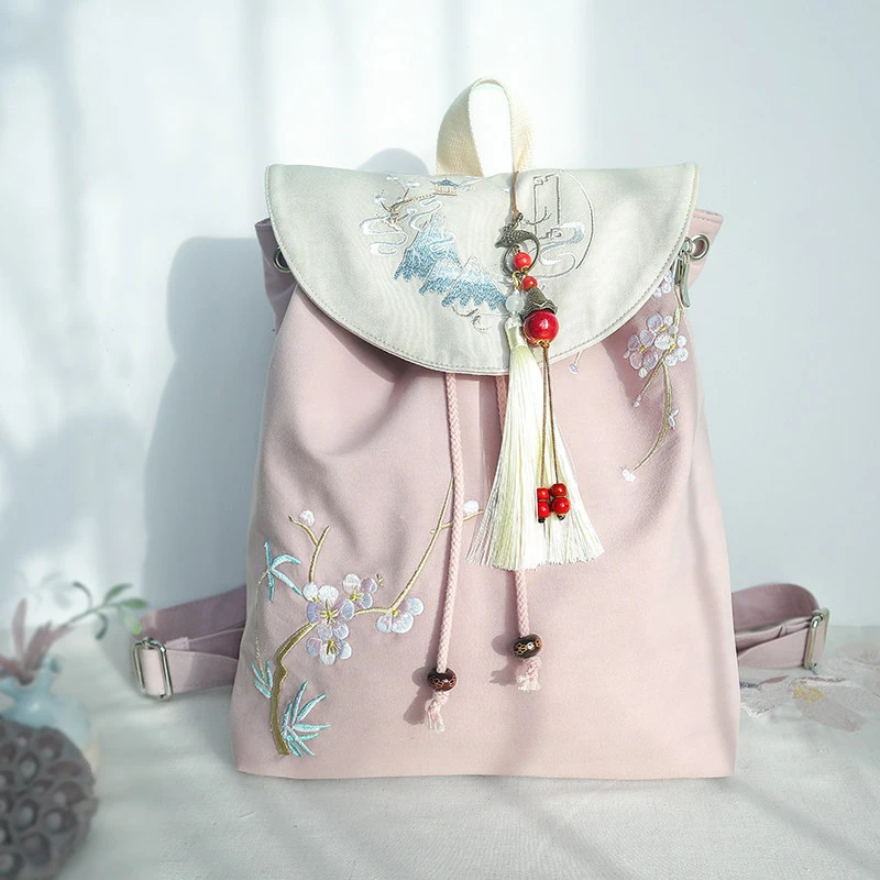15-inch Retro Backpack Chinese-Style Hanfu Artistic Embroidered Zipper Drawstring Canvas Bag Laptop Backpack for Women image 5