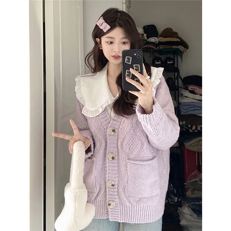 

Женский нежный антивозрастной кукольный воротник Long Sve irt + вязаный кардиган Lazy Aesthetic V-Ne, комплект джета