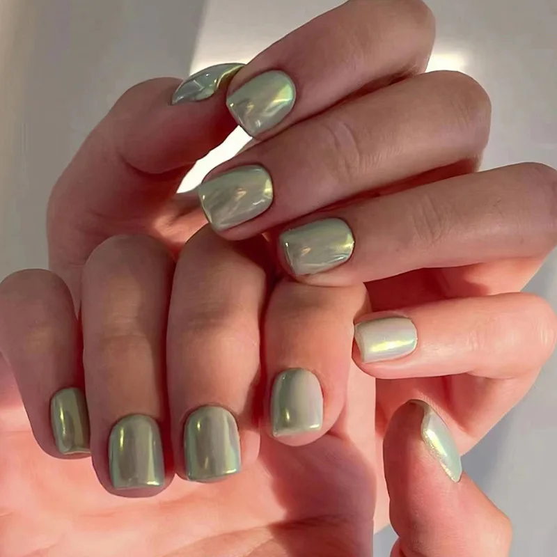 

24pcs Aurora Green Press-On Nails - Vintage Solid Color Short Ballet Shape Retro Chic Style False Nail For Women Girl