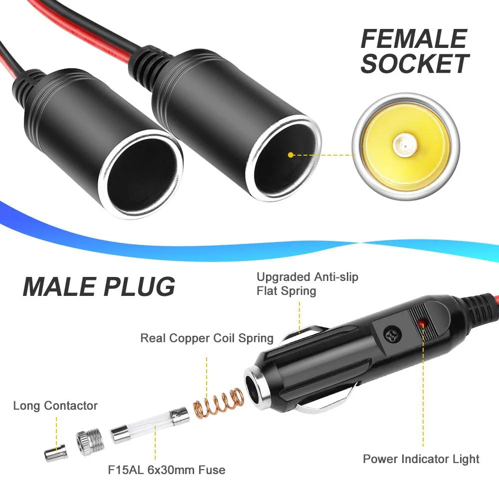 Bloopow 1.8M 16AWG Cigarette Lighter Extension Cord Cable 1 to 2 DC 12V  Cigarette Lighter Power Charger Port Splitter Adapter