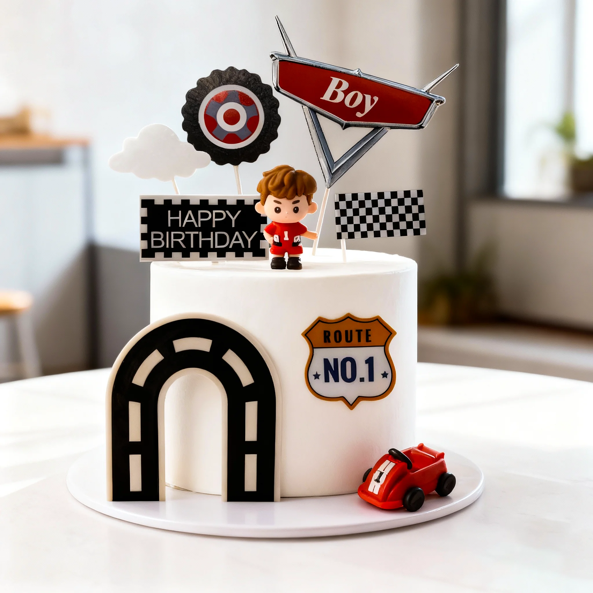Adornos para tarta de carreras, decoraciones para tarta de coche de carreras, bandera a cuadros, decoraciones para tarta para tema de carreras, suministros para fiesta de cumpleaños