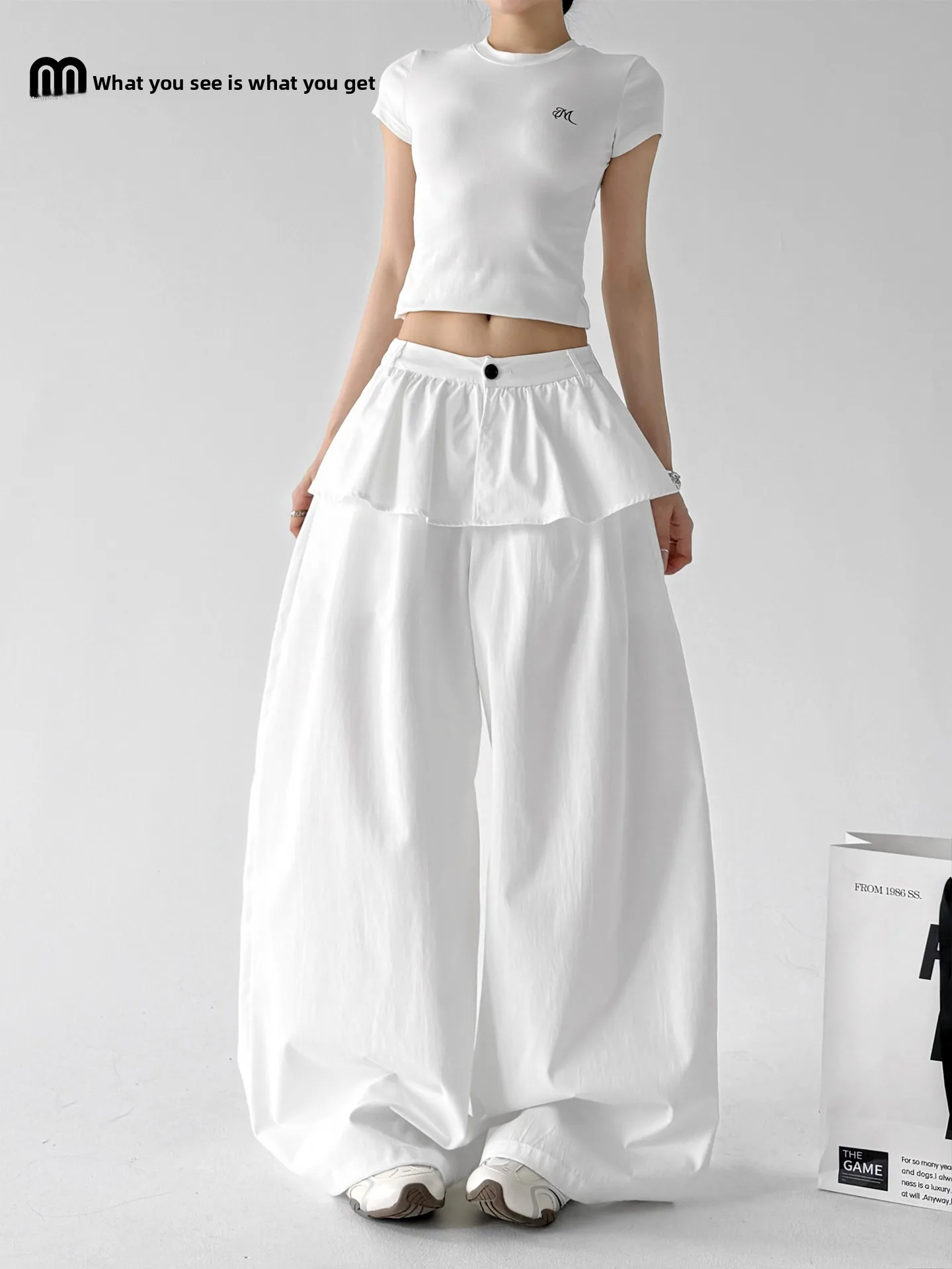 

Женские спортивные брюки с высокой талией, утягивающие, летние, новинка, свободные повседневные широкие брюки, белые, имитация двух частей