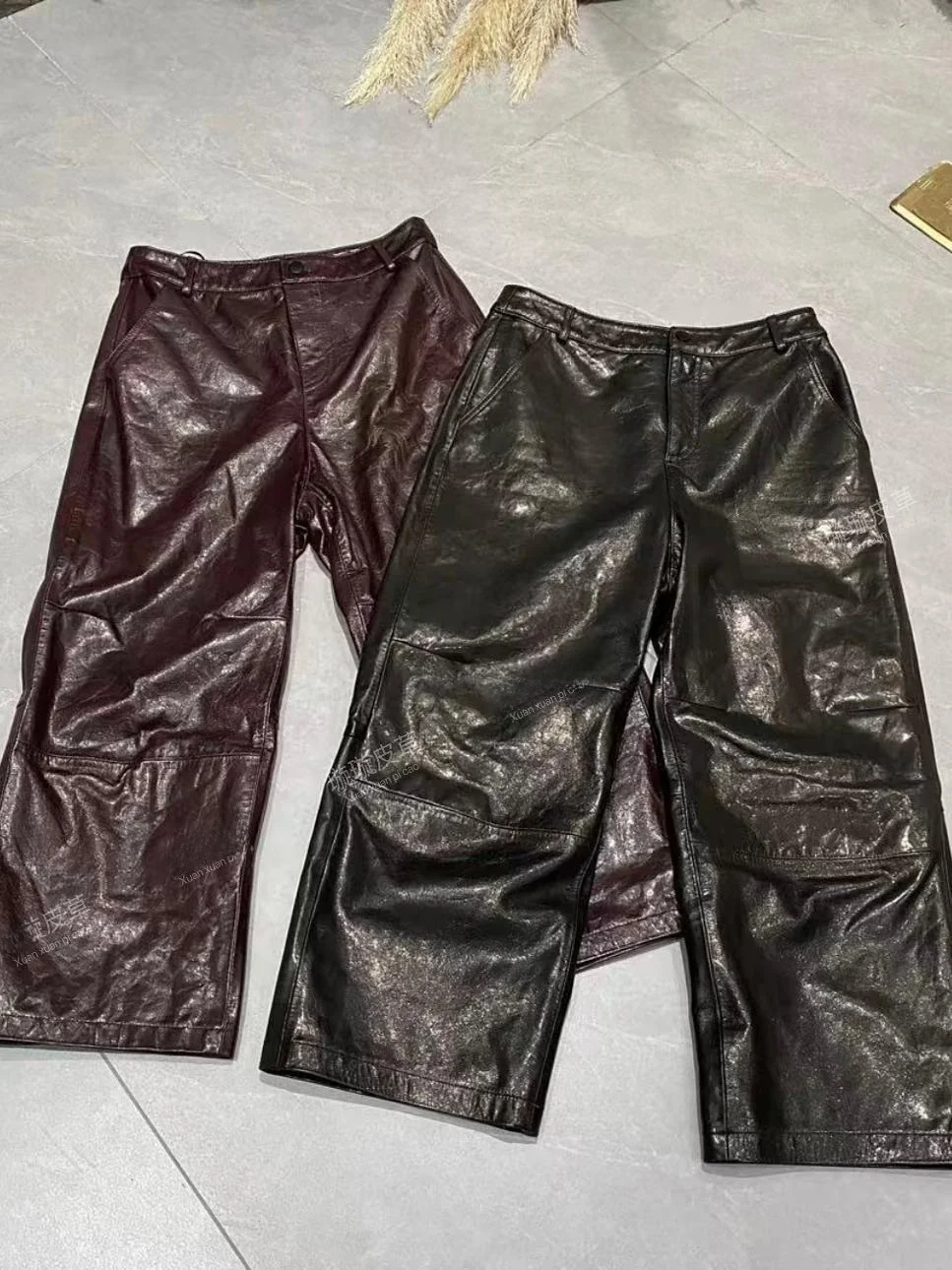 

Fall 2024 Women's Genuine eepskin Leather Pants Loose Slimming Casual Nine-Piece Carrot Trousers Trendy Commute Sle