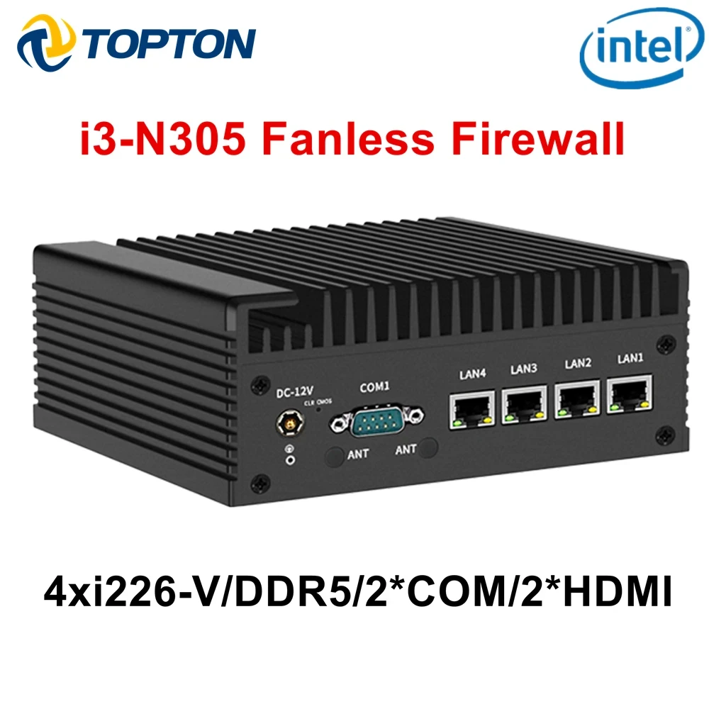 Topton 12th Gen جهاز جدار الحماية كمبيوتر صغير I3 N305 N100 2.5G جهاز توجيه ناعم 4x I226-V LAN DDR5 2 * COM زعانف أطول تبريد فعال
