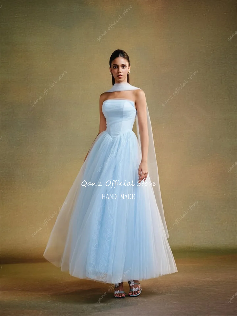 Qanz céu azul tule vestidos de noite uma linha rendas vestidos de fiesta elegantes 2025 tornozelo comprimento robe de soirée personalizado