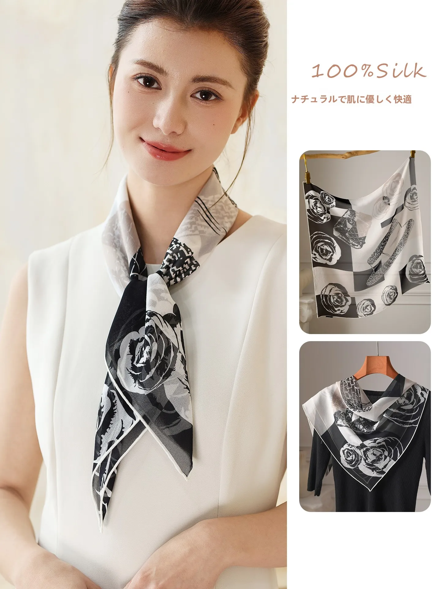 夏のシルクスカーフ女性の薄いファッショナブルな首保護ティーローズプリントスカーフ軽量日焼け止めスクエアスカーフ-2026-新しいスタイル