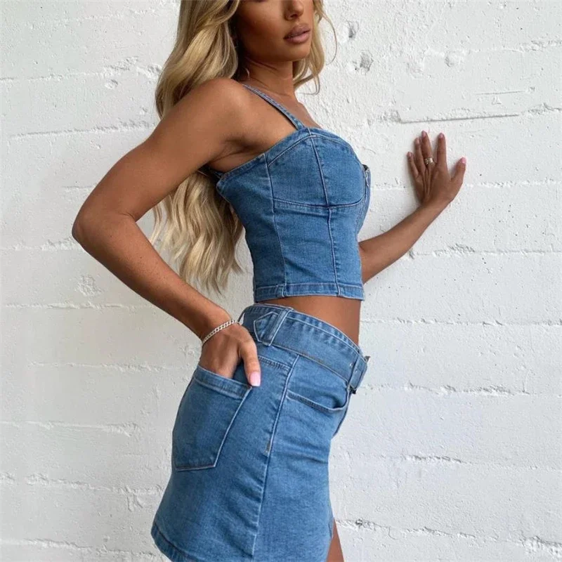 Casual Blue Denim Two Pieces Skirts Sets Low Cut Straps Bustier Tops+Jeans Skirts Women Bodycon Streetwear Fashion Sexy Club Set
