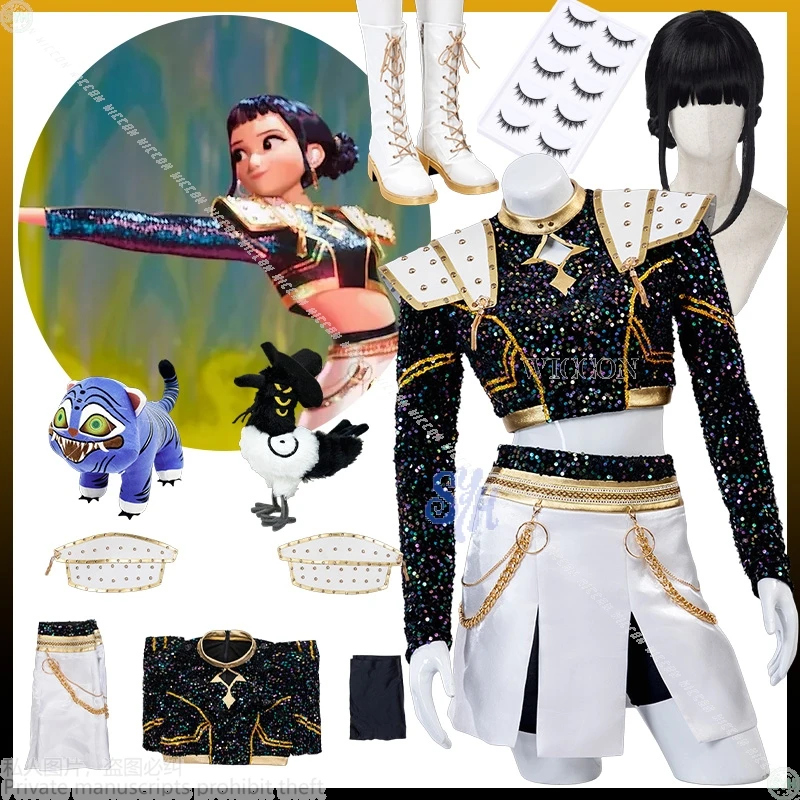 

Аниме Kpop Demon Косплей Huntrix Zoey для золотой сценической формы, черное пальто, белое мини-платье Kawaii Jirai Kei для девочек, Корея Idol Cos