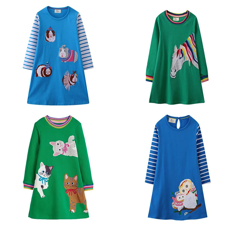 

Jumping Meters Long Sleeve Horse Applique Hot Selling Children's Dresses Fashion Birthday Kids Clothing Autumn Spring Toddler