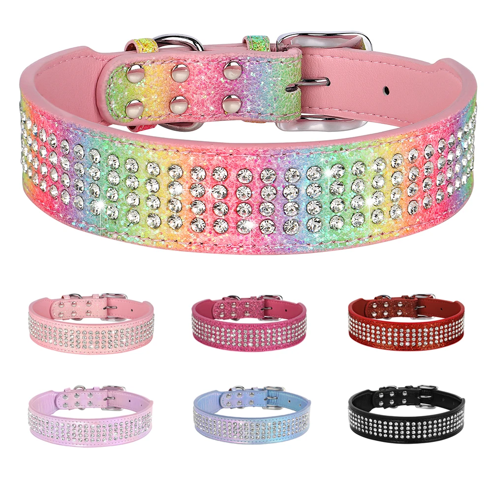 Coleira de strass Bling coleiras largas de couro, colar pet de diamante glitter durável para cães de médio e grande porte, buldogue francês