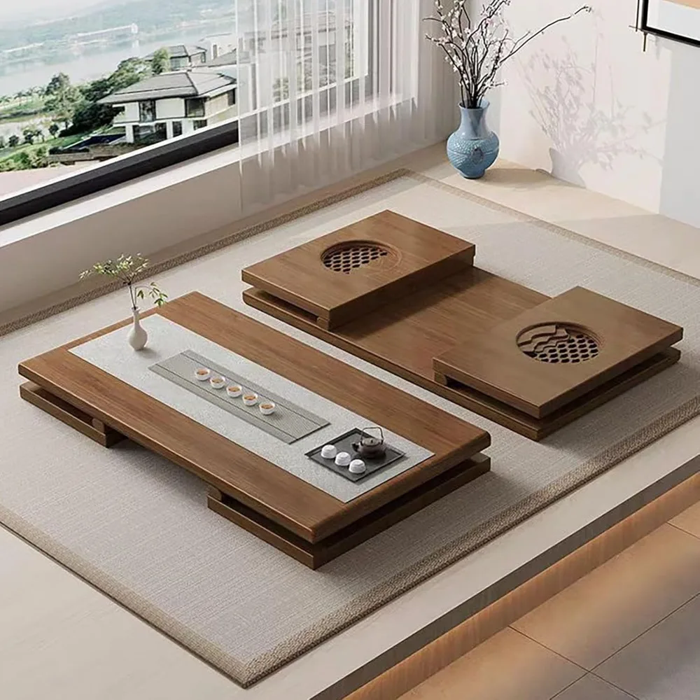 طاولة أرضية يابانية من الخشب الصلب مع ميزة قابلة للطي من الخيزران، طاولة قهوة محمولة منخفضة التاتامي لسهولة الإعداد