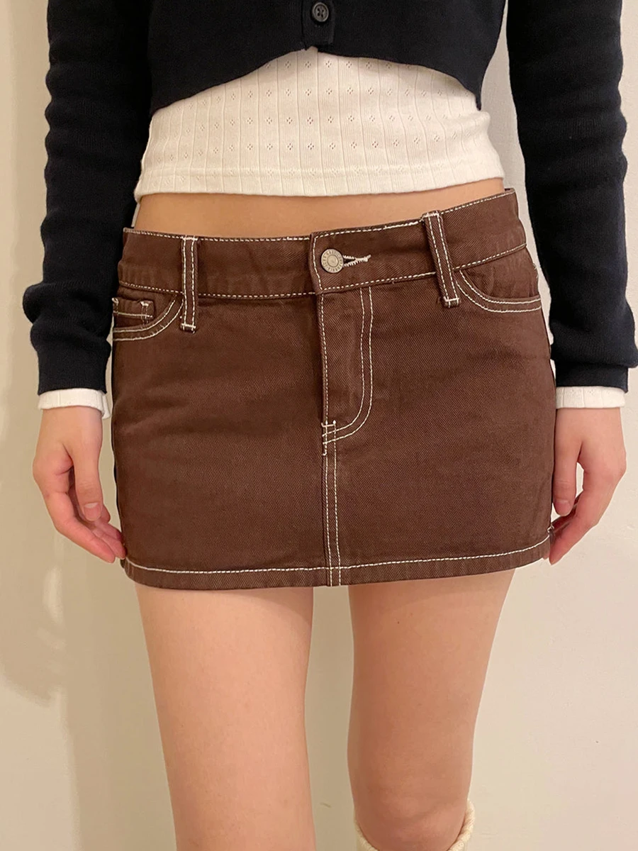 Vintage Brown Denim Mini Skirts Women Summer Fashion Casual High Waist Slim Y2k Falda Fashion Streetwear Y2k A-line Short Skirt