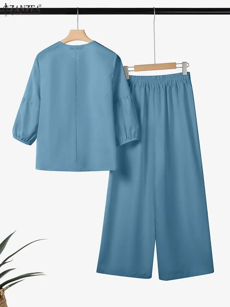 2025 ZANZEA الخريف بانت مجموعات النساء 2 قطعة وتتسابق س الرقبة 3/4 كم بلوزة بنطلون عادية الصلبة OL العمل رياضية 2 قطع مجموعات