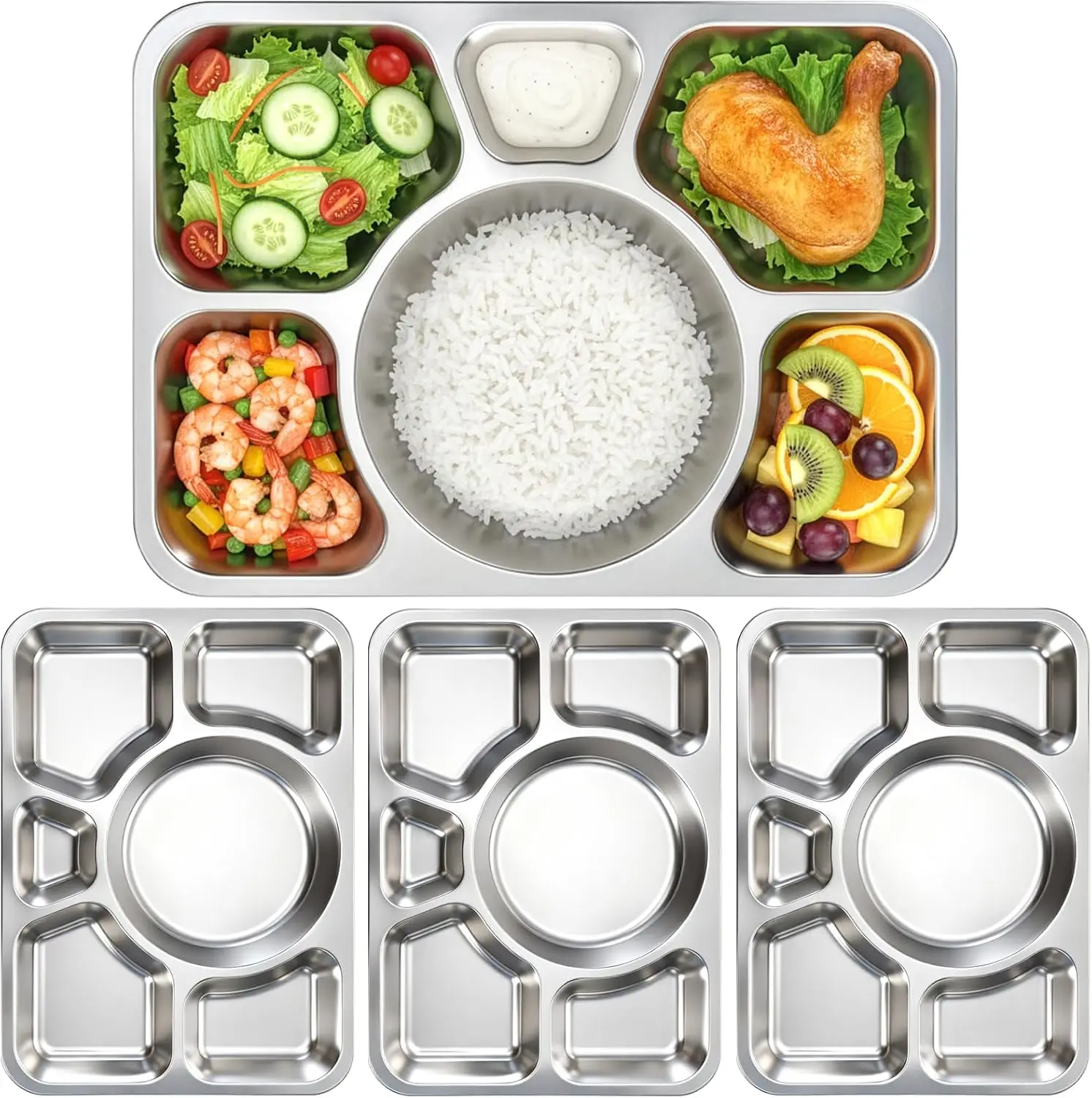 

4-Pack Stainless Steel Divided Dinner Plates, 6-Compartment Large Serving Trays for Portion Control & Picky Eaters