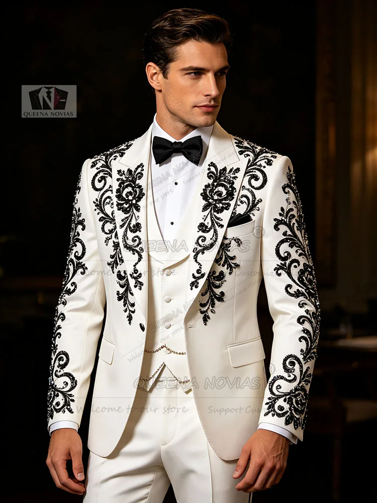 Luxury Groom Wear Tuxedo Suit Slim Fit Black Diamond Beading Crystals Prom Blazer Customized 3 Piece Sets Man Banquet Attire