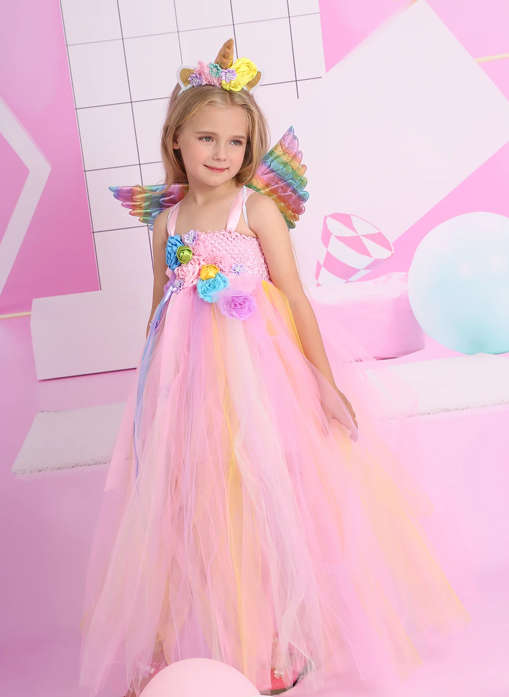 Pastel Rainbow Unicorn Dress Girl Wedding Party Dress Flower Girl Tutu Dress Baby Kids Birthday Dress for Girls Carnival Costume