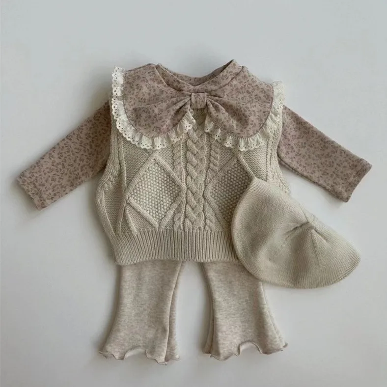 Baby Undershirt Spring and Autumn Baby Lace Bow Turn-down Collar Bottom Shirt for Girls Baby Princess Long Sleeve Top