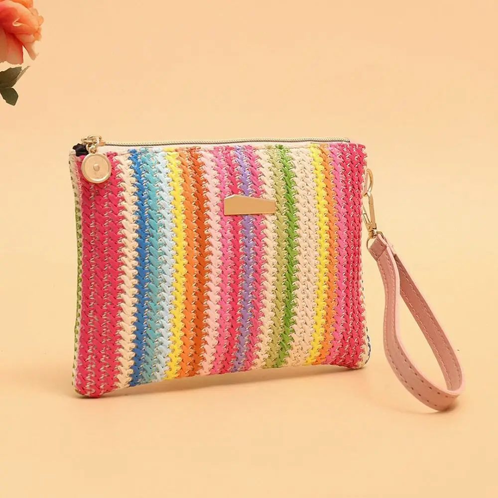

Fashion Colorful Straw Woven Bag Retro Bohemian Style Wristlet Bag Coin Purse