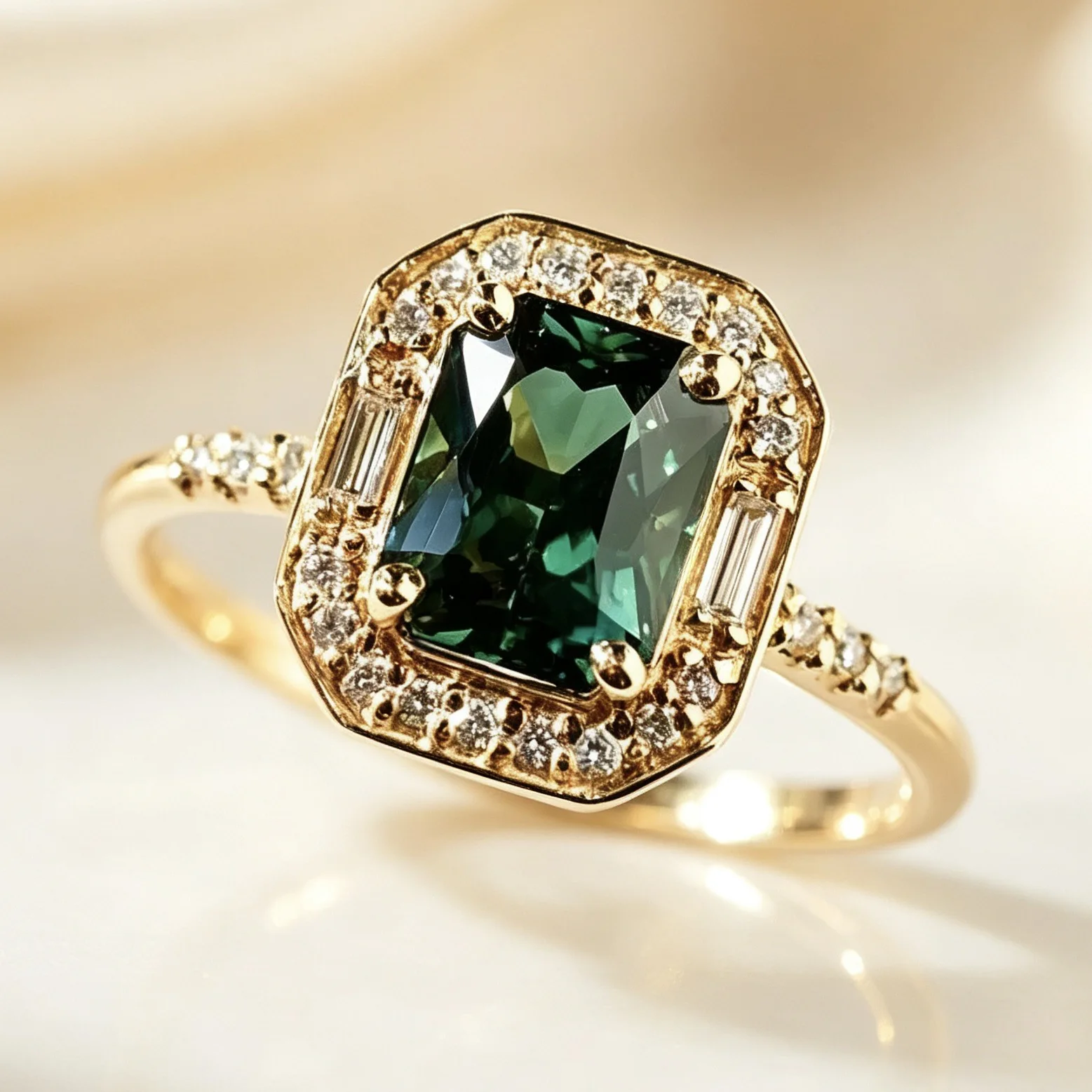 Octagonal Halo Green Zircon Engagement Ring, Baguette Zircon Accents, Vintage Luxury Bridal Wedding Jewelry Gift for Women Men