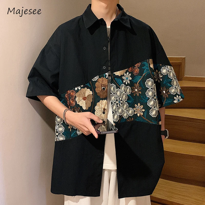 

Shirts Men Casual Loose Streetwear Half Sleeve Summer Floral Embroidery Spliced Daily Chinese Style Teenagers Advanced All-match