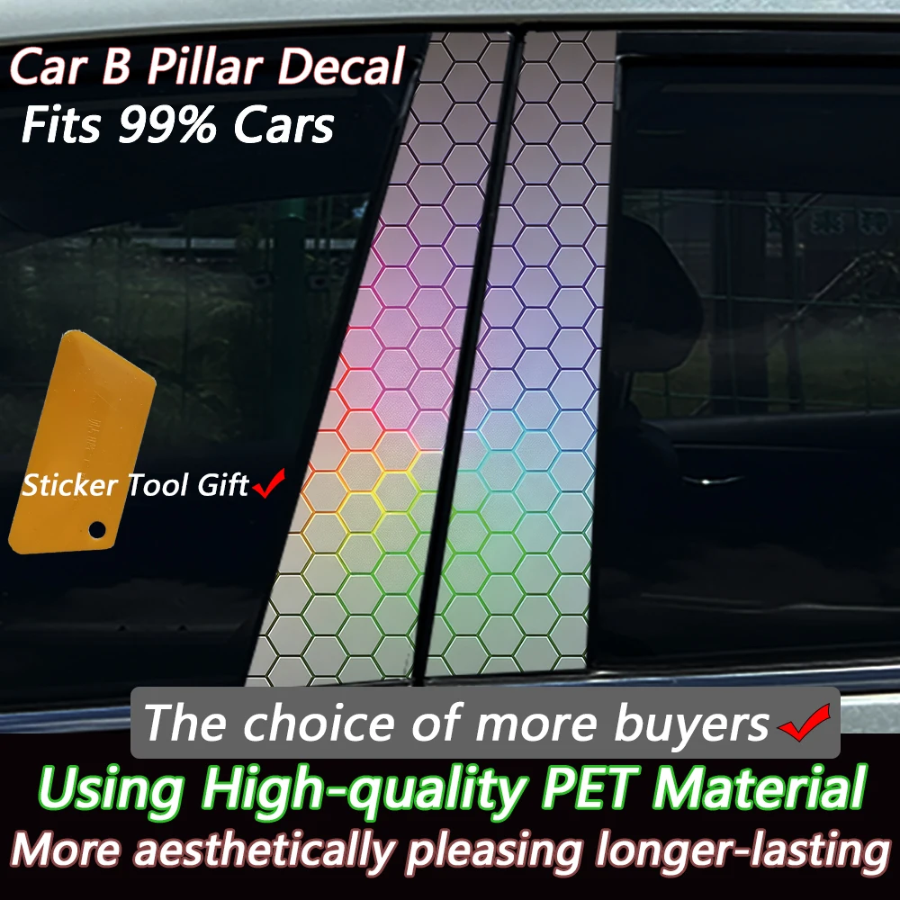 4Pcs/Set Holographic Rainbow Honeycomb B-Pillar Car Stickers Waterproof Anti-Scratch Vinyl Decals Styling Accessories