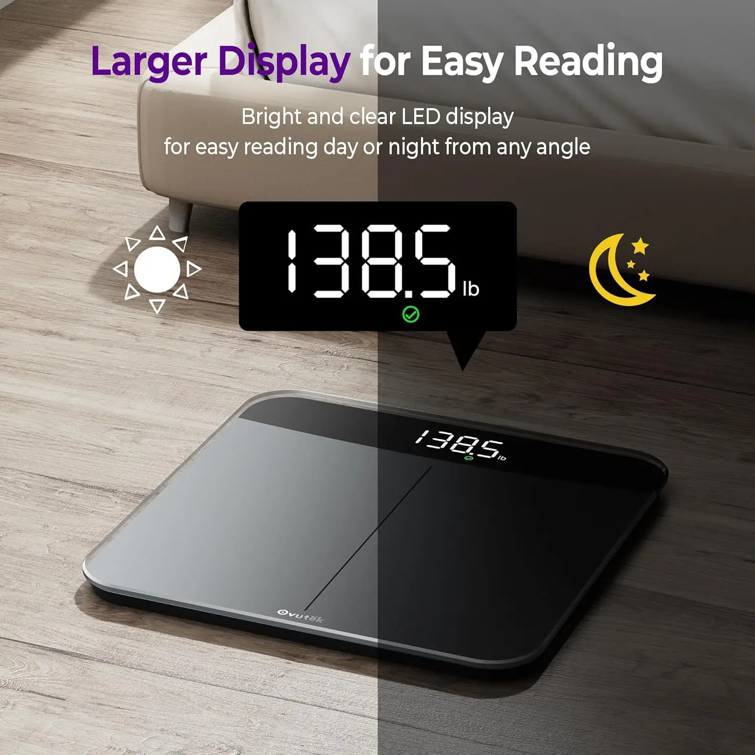 ميزان حمام رقمي مع شاشة LED كبيرة، دقيق حتى 0.05 رطل، يدعم وزن الجسم، وزن الطفل والحيوانات الأليفة يصل إلى 450 رطل