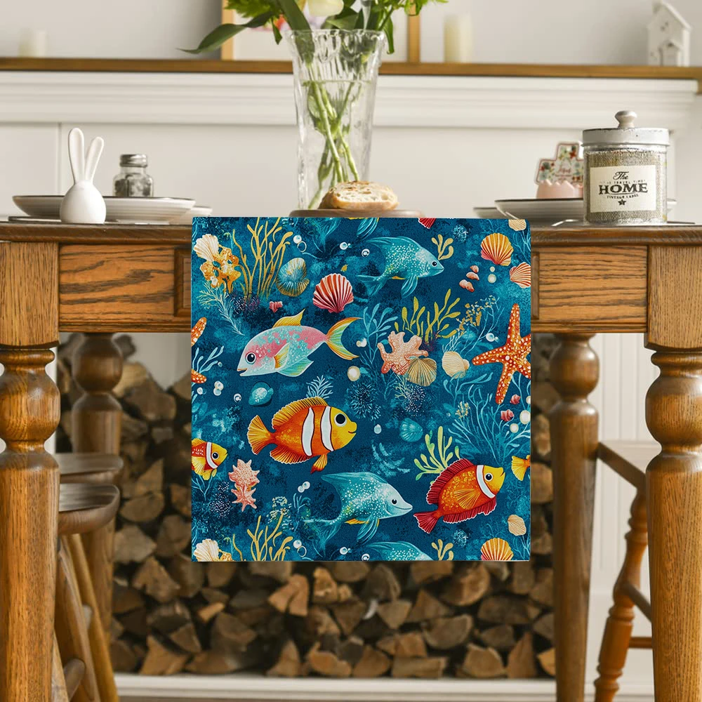 Marine Coral Turtle Table Runners Kitchen Table Decor Farmhouse Washable Dining Table Runner Holiday Party Wedding Decorations
