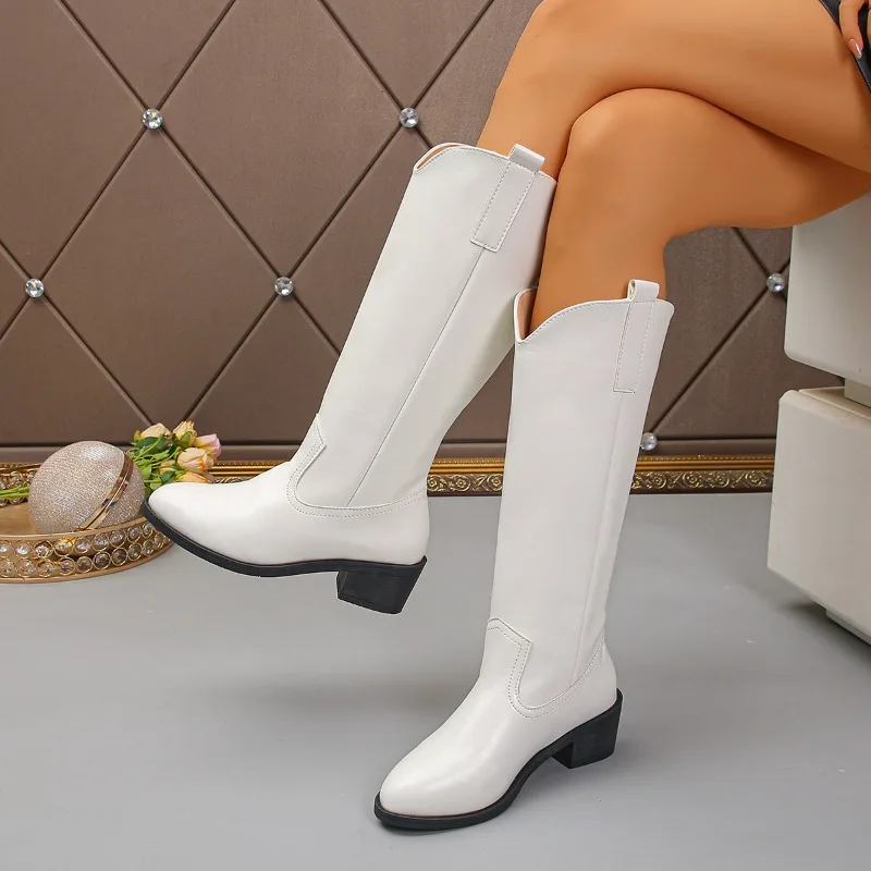 

2025 элегантные женские сапоги до колена в стиле ретро, однотонные высокие сапоги с острым верхом на толстом каблуке, осенне-зимняя офисная женская обувь