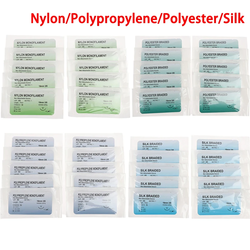 12Pcs 2/0 3/0 4/0 5/0 Medical Needle Suture Nylon Polyester Thread Suture Practice Kit Teaching Demonstrations Exercises