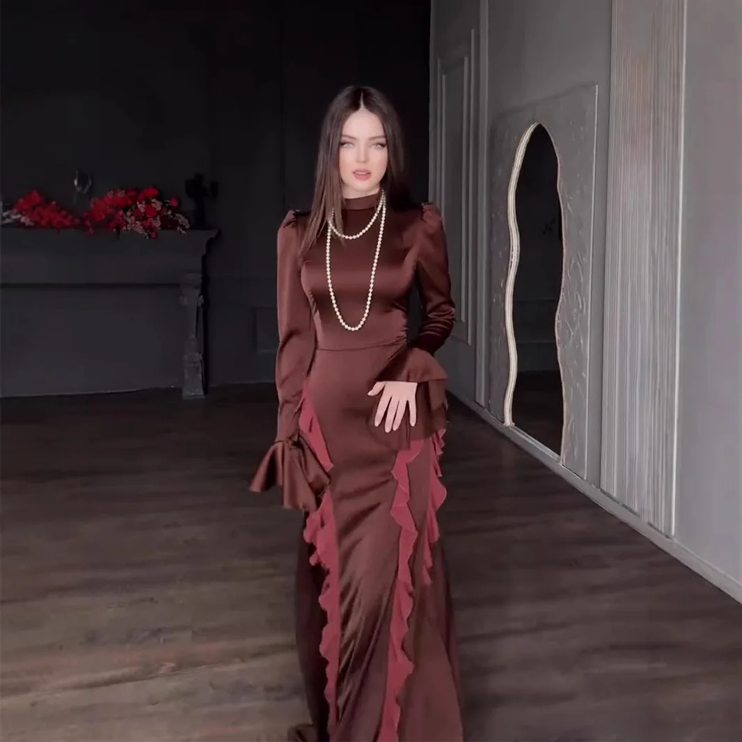 Printemps 2025 nouveau Sle Satin Patchwork ter Ne ceinturé Dr Polyester longue Sve jupe Midi chinois d'âge moyen femmes D...