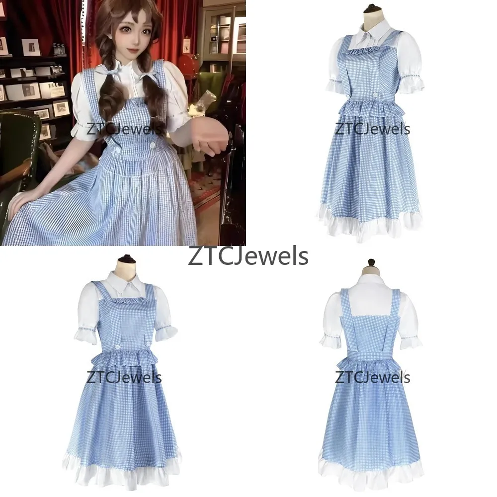 

Identity V Dorothy Cosplay Costume Blue Plaid Dress with White Collar Ruffles Halloween Party Outfit