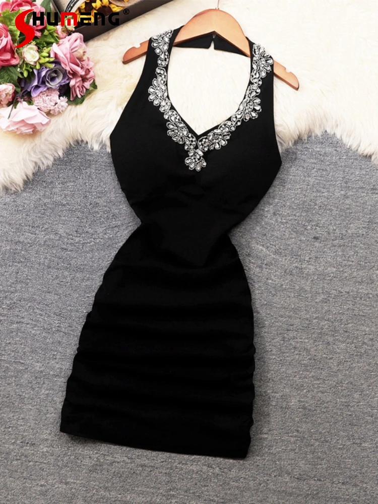 

2024 Summer New Women's Dresses Sleeveless Beaded Dress Feminine Pleated Slim Fit Sheath Sexy Backless Solid Color Nice Dresses