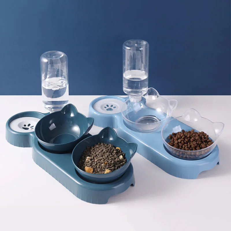 Pet Cat Bowl Automatic Feeder Water Dispenser Dog Cat Food Bowl With Drinking Raised Stand Double Dish Bowls For Cats Dogs