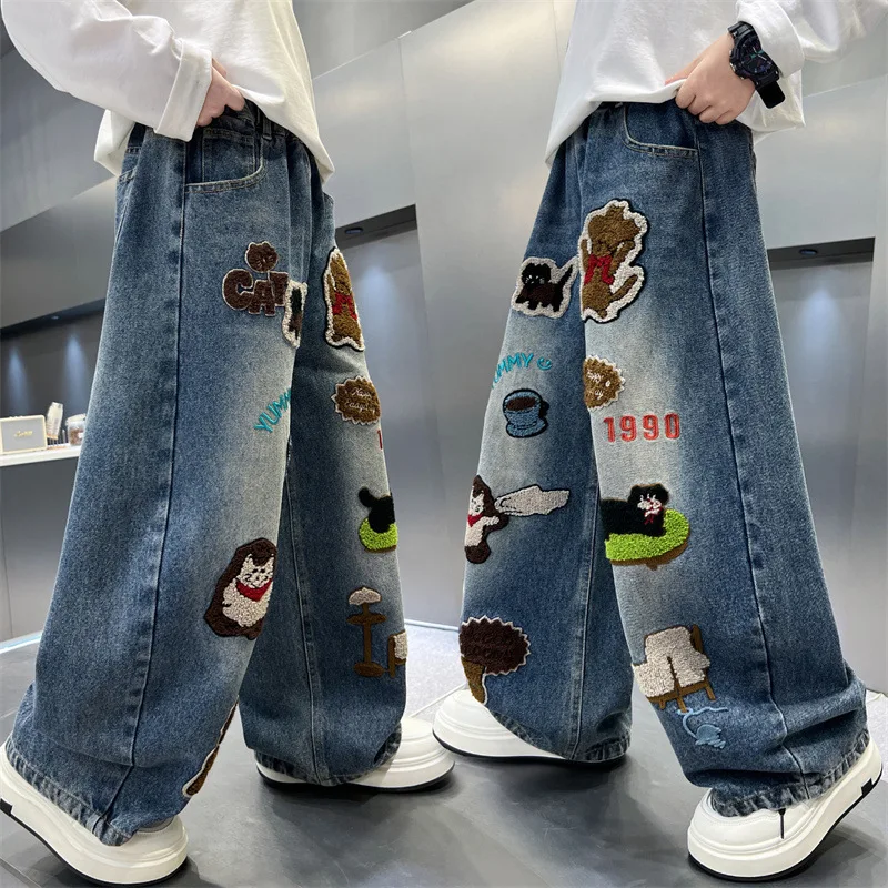 Autumn Children's Wide Leg Jeans for Boys High Fashion Streetwear Denim Pants Trendy Kids Trendy Trousers with Towel Embroidery
