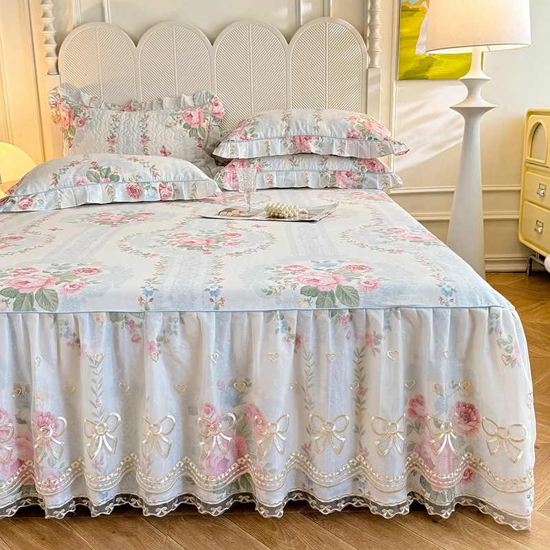 100% Cotton Bed Skirt Lace Style Bedspread Floral Bedspread Bed Cover Skin-friendly Mattress Protector 레이스침대커버 (No Pillowcase)