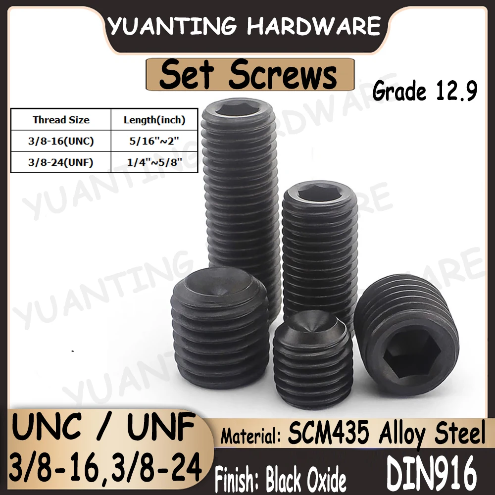 

3Pcs 3/8-16(UNC) 3/8-24(UNF) DIN916 Grade 12.9 Alloy Steel Hexagon Socket Set Screws with Cup Point Headless Screw Hollow Screws