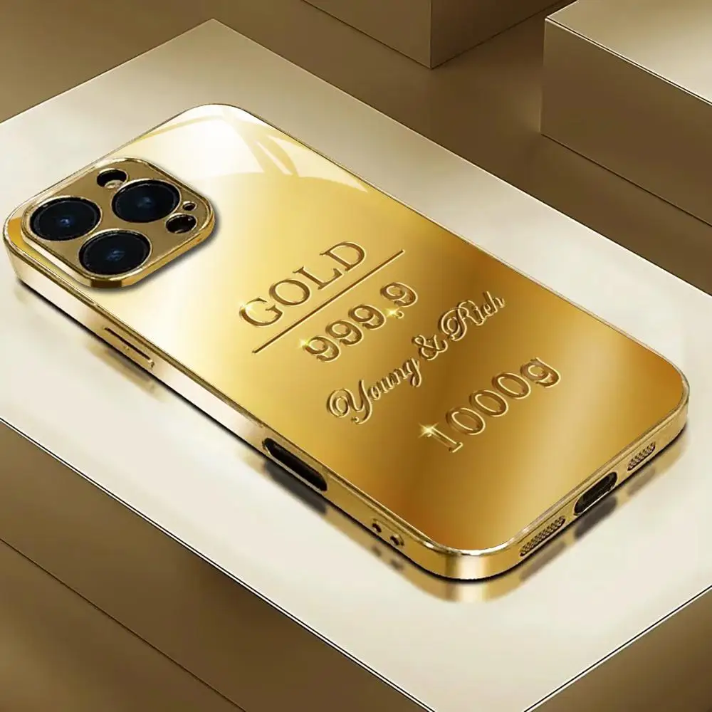 Funda para Teléfono g-Golden b-BRICS 999 para iPhone 17 AIR 16 15 14 13 12 Pro Plus Max, Funda de Vidrio Electrochapada en Oro