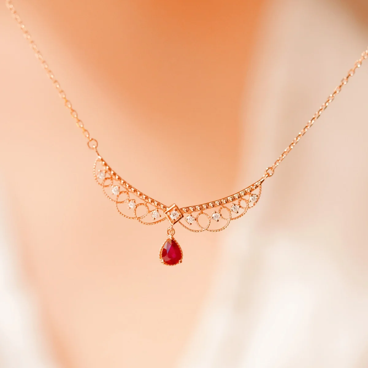 

Luxury Fashion 925 Silver Teardrop Ruby Lace Necklace Fancy Romantic Gold Choker Neck Chain Fine Jewelry Wife Girlfriend Gifts