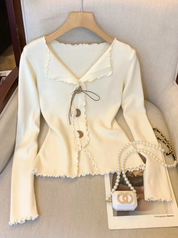 

Korean Sle Long Sve Knitted Sweater Women's V-ne Slim Fit Irregular Hemline Faionable Top for Autumn Season