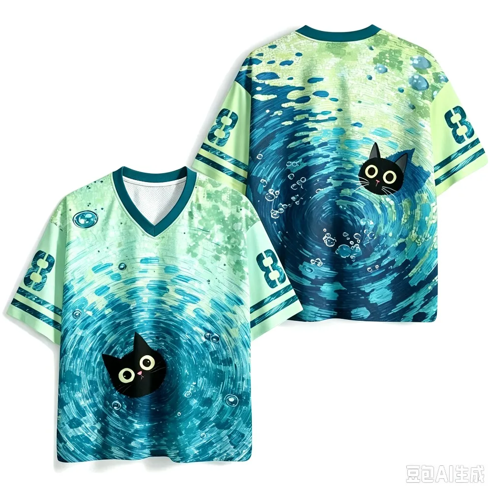 Trendy Unisex Short Sleeve T‑Shirt, Funny Black Cat In Water Swirl Art Graphic Print Tee Streetwear Casual Top For Men Women