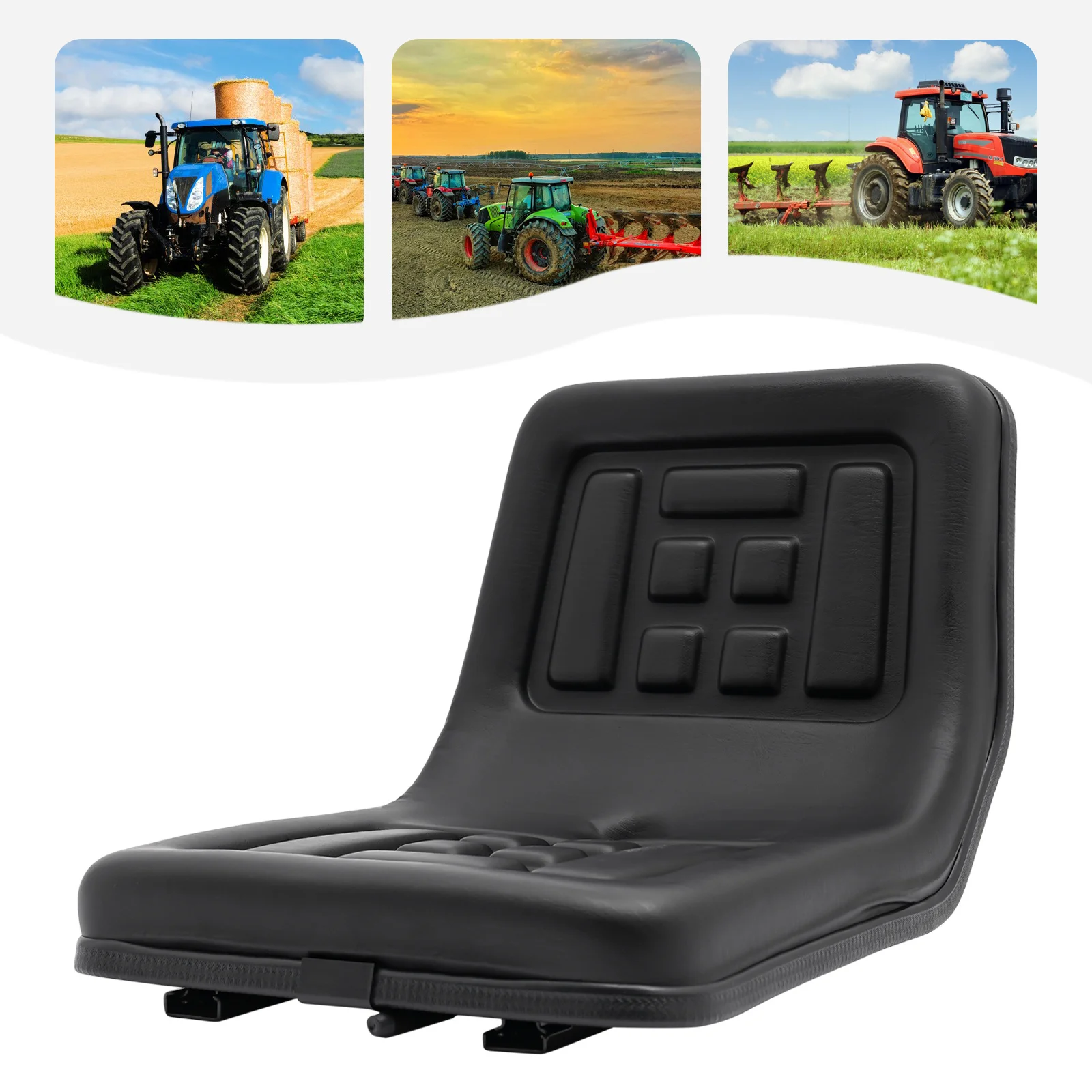 Siège de tracteur noir en PVC, éponge haute élasticité, dossier renforcé en fer, plaque de base et cadre, capacité de charge de 220 lb, réglable avant et arrière, 5,9 pouces, pour machines agricoles, véhicules agricoles, chariots élévateurs, excavatrices, bulldozers
