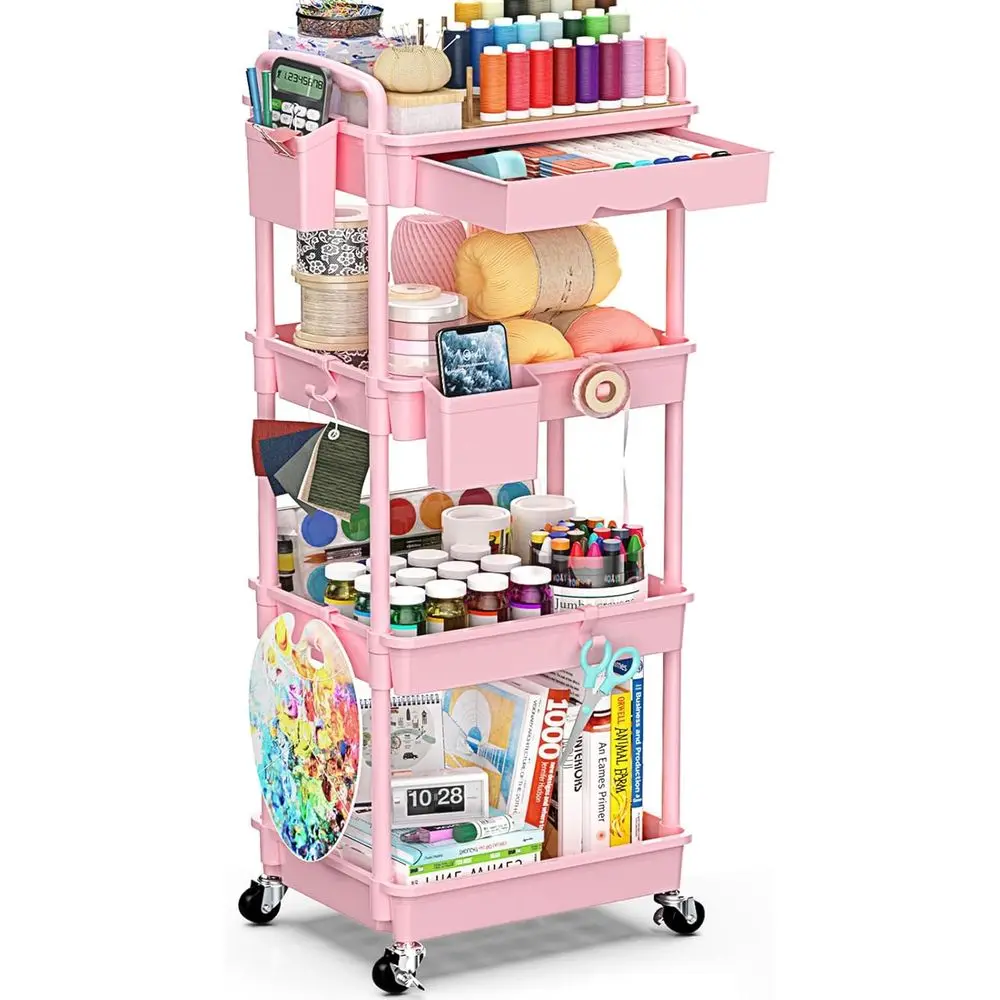 4 Tier Rolling Utility Cart with Storage Organizer, Lockable Wheels, Multifunctional for Bathroom, Kitchen, Makeup, Baby Essenti