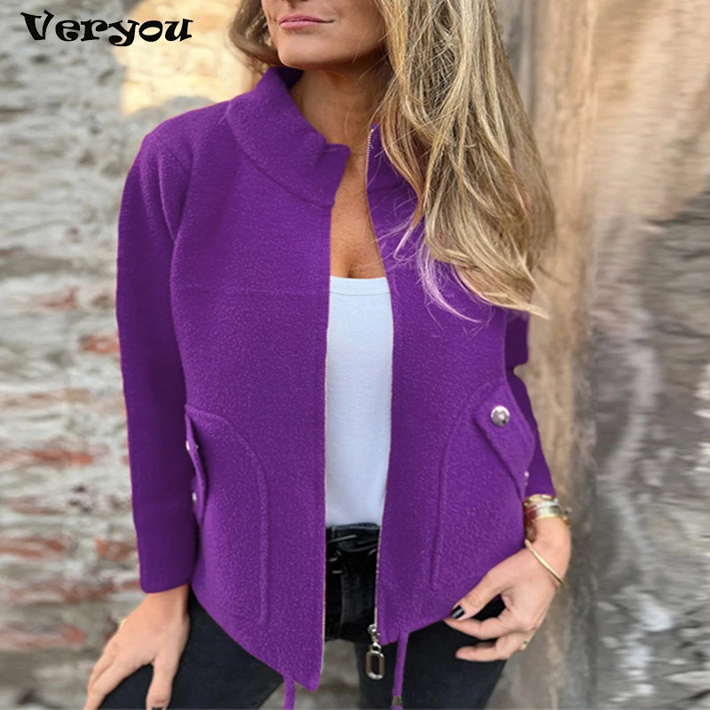 

Elegant Zipper Coat Women Casual Pocket Long Sleeve Turn Down Collar Autumn Winter Jackets For Women Commuting Outerwear