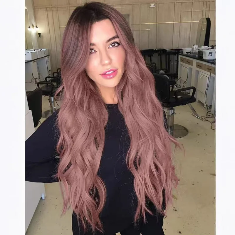 European and American style women's long curly hair wig, gradient T-color, large waves, synthetic fiber full headpiece
