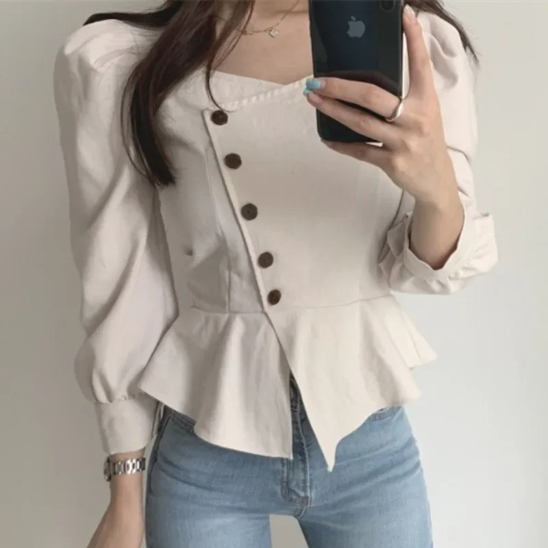 Chemise Femme Korean Chic Autumn Retro High Waist Puff Long Sleeve Square Collar Shirts Temperament Top Slim Blusas Camisas