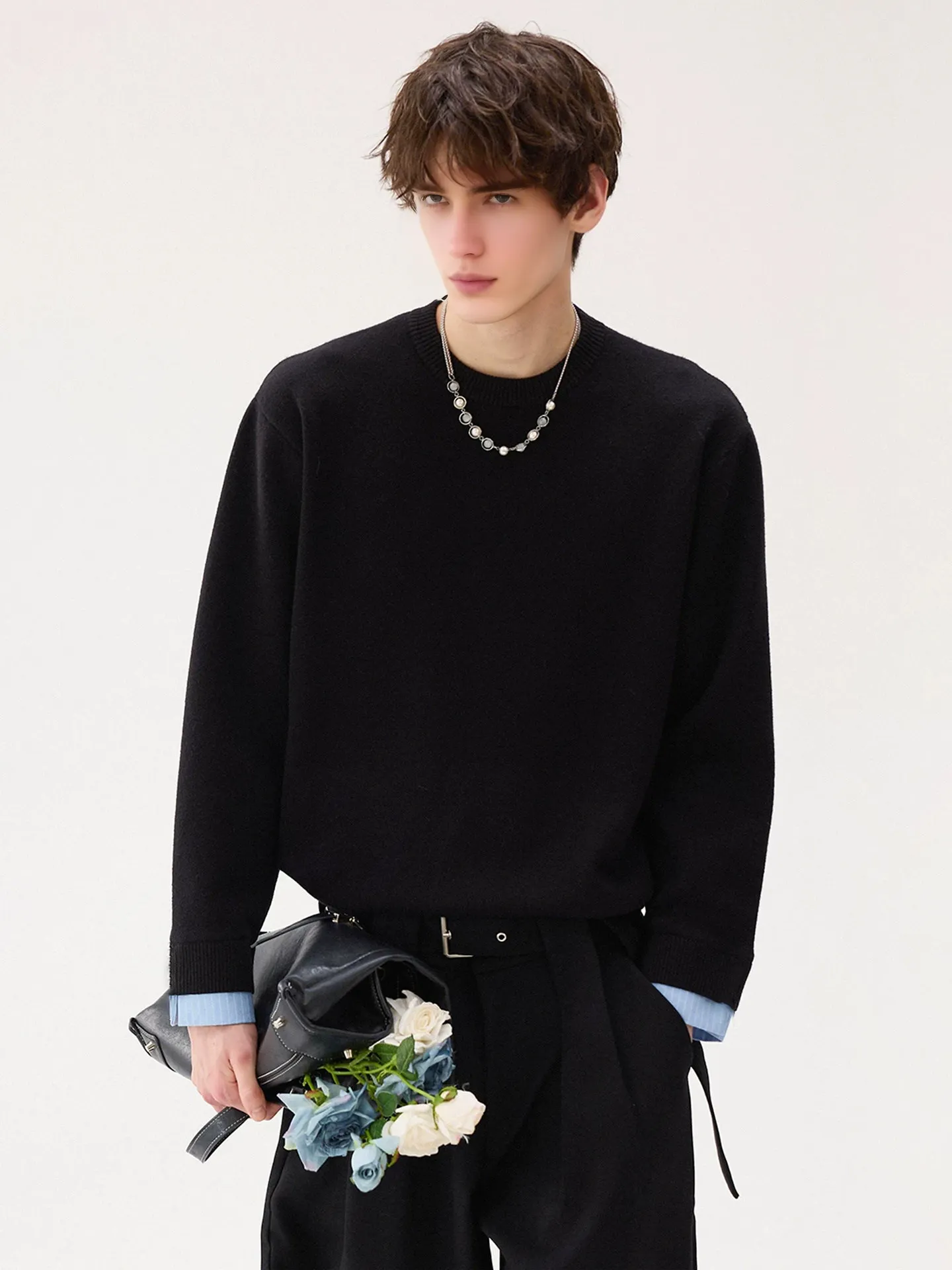 

Men's Fce Lined round Ne Knitwear Bla Casual Sle Layering Base irt Lazy Sle High End Feeling Winter Outerwear