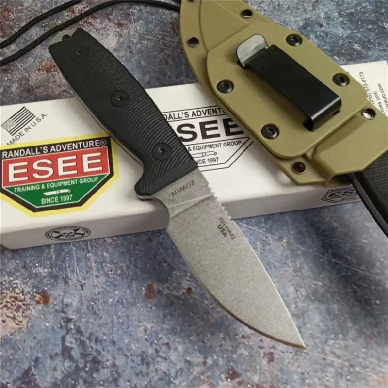 ESEE-3 Rowen Tactical Fixed Blade Knife 9Cr18 Stonewashed Blade Black G10 Handle Self Defense Wilderness Fighting Survival Tool