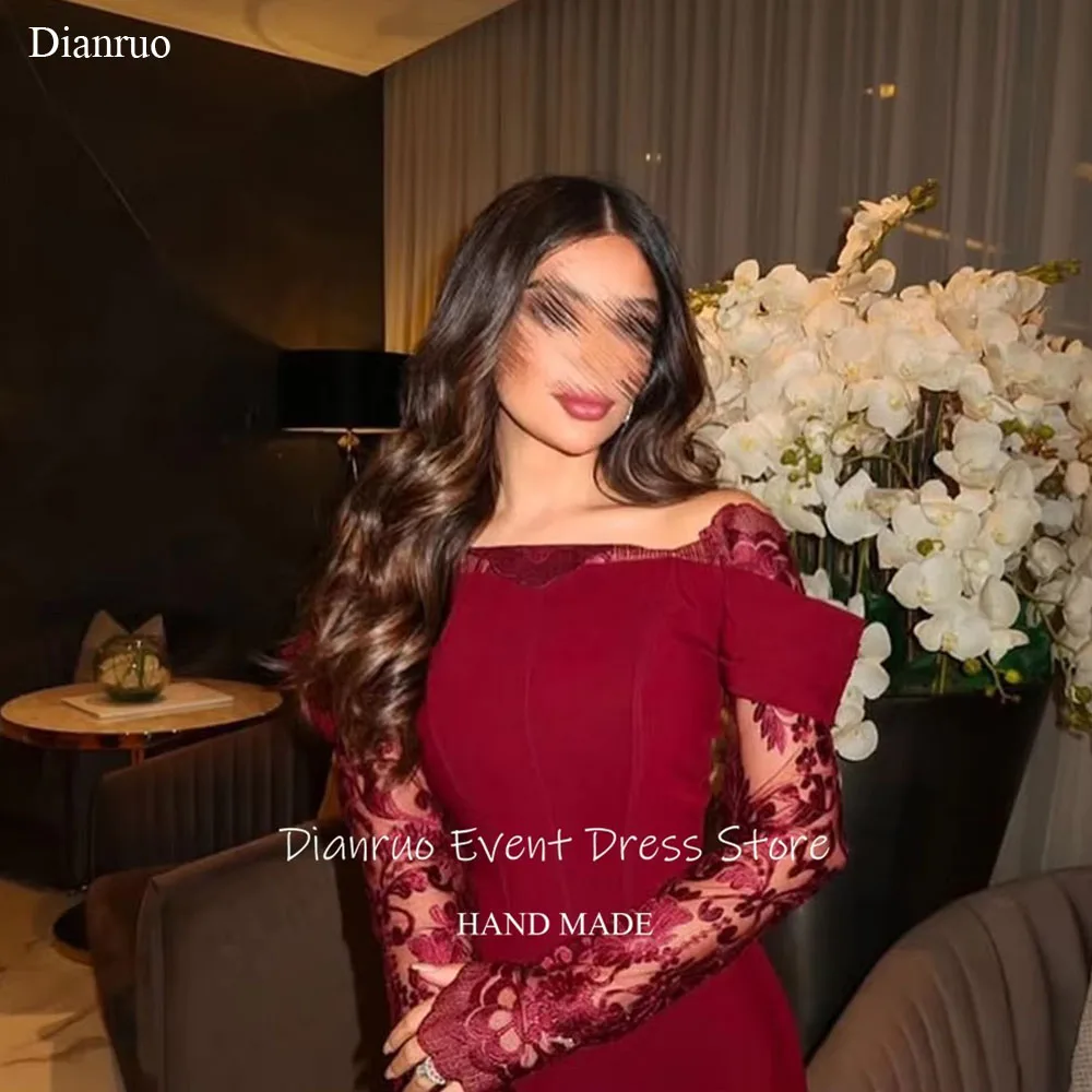 

Dianruo Modern Off the Shoulder Evening Dresses Long Satin Vestido De Gala Femme Burgundy Lace Abiti Da Cerimonia Customized