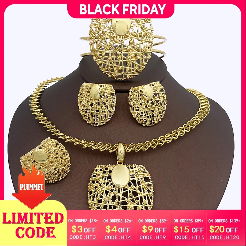 

Italy Dubai Jewelry Set For Woman Party Gift Shield Pendant Earrings Weddings Bride Chain Bracelet Ring Set for Gift